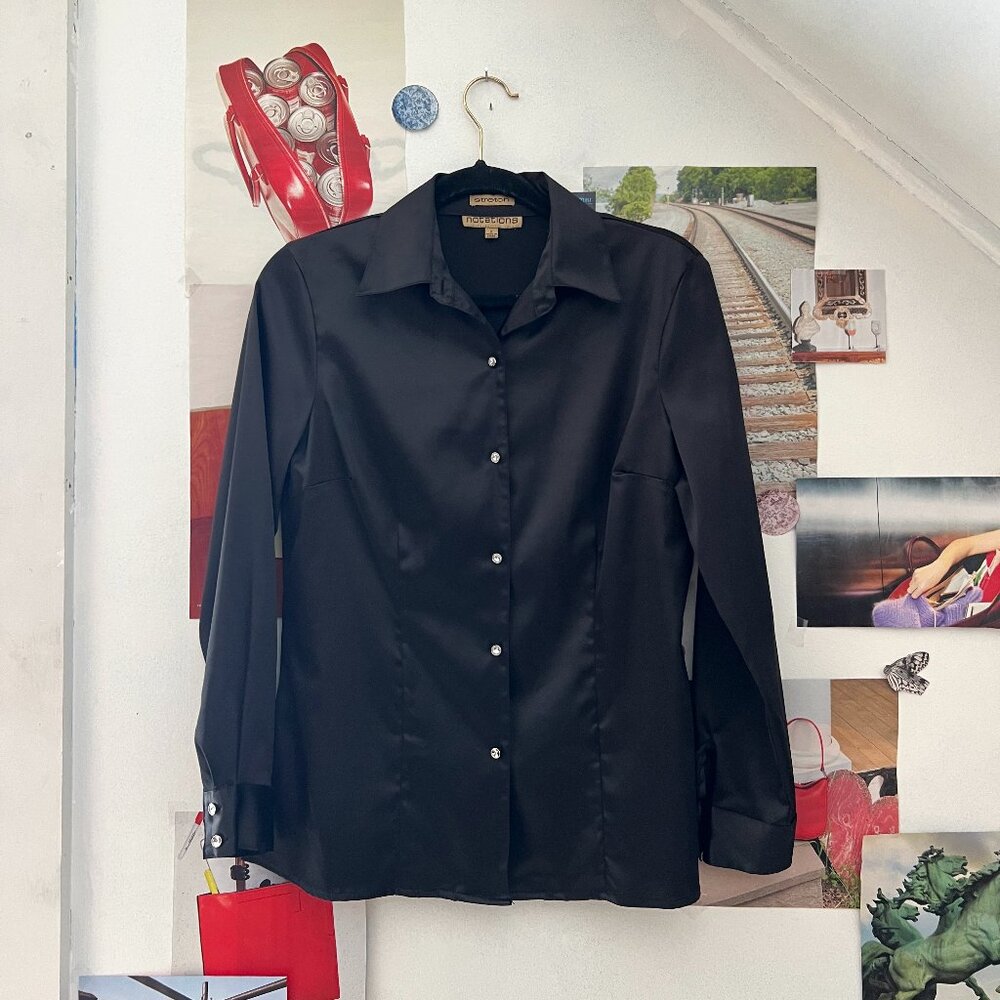 Vintage Black Satin Blouse Button Up Top Women's Unisex Clothing